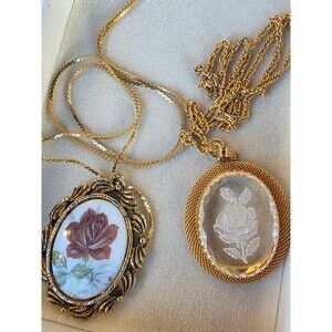 2 Vintage Necklace Style Rose Set Gold Tone Floral Reverse Intaglio